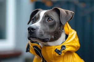 AI generated a dog wearing a yellow jacket photo