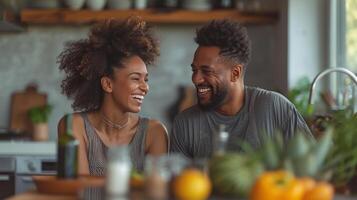 AI generated Poignant photo of a couple immersed in laughter and happiness while seated at the kitchen table