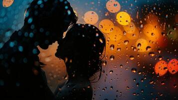 AI generated Simple yet evocative image of a couple embracing tenderly amidst the raindrops photo