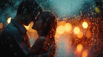 AI generated Simple yet evocative image of a couple embracing tenderly amidst the raindrops photo