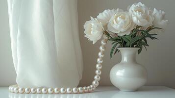 AI generated Minimalist setting embellished with subtle pearl beads, emphasizing simplicity and understated beauty photo