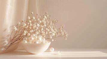 AI generated Minimalist setting embellished with subtle pearl beads, emphasizing simplicity and understated beauty photo