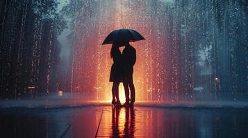 AI generated Minimalist shot capturing a couple in love, sharing an intimate moment under the gentle rain photo