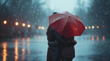 AI generated Tranquil scene of a couple finding solace and joy in each other's arms amid the rain photo