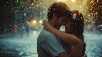 AI generated Tranquil scene of a couple finding solace and joy in each other's arms amid the rain photo