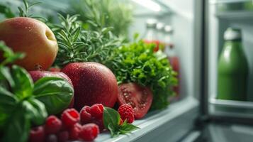 AI generated Minimalist composition capturing the beauty of nature's bounty within the confines of a fridge photo