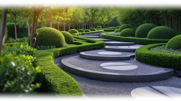 AI generated Clean and modern photograph highlighting the sculptural elements and artistic features of a garden design photo