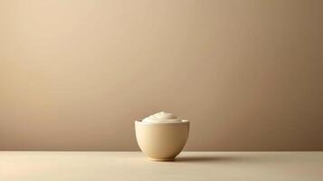 AI generated Minimalist composition featuring a single serving of creamy yogurt against a neutral backdrop photo