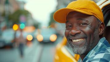 ai generado limpiar composición con un contento Taxi conductor, agregando un toque de positividad a el urbano paisaje foto