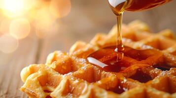 AI generated Clean composition showcasing golden-brown Belgian waffles with a drizzle of maple syrup photo