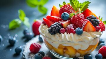 AI generated Clean composition highlighting a decadent dessert adorned with colorful fruit toppings photo