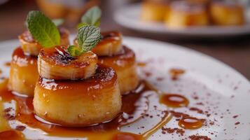 AI generated Minimalist shot capturing the indulgent appeal of desserts paired with caramelized bananas photo