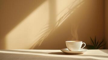 AI generated Minimalist photo featuring a cup of steaming tea on a clean, neutral background