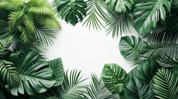 AI generated Minimalist backdrop adorned with lush tropical leaves, evoking a serene and exotic atmosphere photo