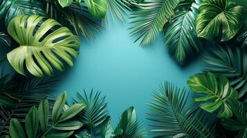 AI generated Minimalist backdrop adorned with lush tropical leaves, evoking a serene and exotic atmosphere photo