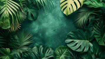 AI generated Minimalist backdrop adorned with lush tropical leaves, evoking a serene and exotic atmosphere photo