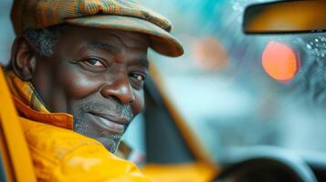 AI generated Clean composition featuring a cheerful taxi driver against an abstract backdrop photo