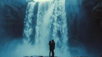 AI generated Minimalist photo showcasing a tender moment between a couple against a cascading waterfall
