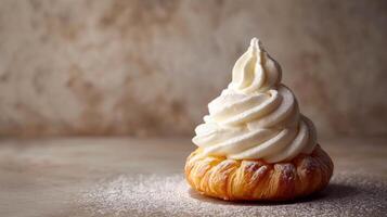 AI generated Elegant composition featuring a pastry adorned with perfectly whipped cream against a minimalist backdrop photo