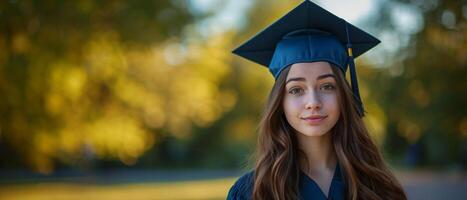 ai generado mujer usa graduación gorra en parque foto