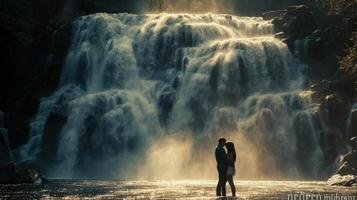 AI generated Poetic depiction of romance with a couple framed against the mesmerizing backdrop of a cascading waterfall photo