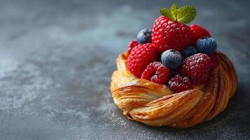 AI generated Clean and understated image highlighting the allure of a pastry adorned with ripe berries photo