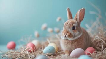 ai generado limpiar y subestimado imagen de un conejito rodeado por Pascua de Resurrección huevos para encantador saludo tarjetas foto