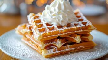 AI generated Simple yet refined portrayal of Belgian waffles served with a dollop of whipped cream photo
