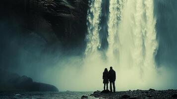 AI generated Clean and minimalist image portraying the bond between lovers amidst the natural splendor of a waterfall photo