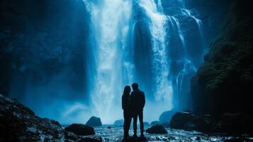 AI generated Clean and minimalist image portraying the bond between lovers amidst the natural splendor of a waterfall photo