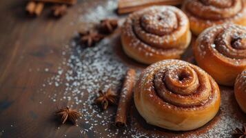 AI generated Minimalist photo featuring delectable cinnamon buns with a sprinkle of aromatic spice