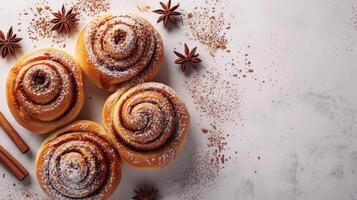 AI generated Minimalist photo featuring delectable cinnamon buns with a sprinkle of aromatic spice