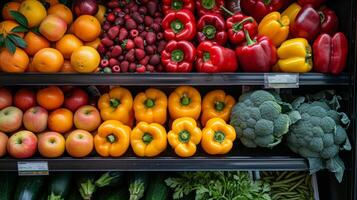 AI generated Clean composition showcasing vibrant fruits alongside crisp vegetables stored in the fridge photo