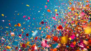 AI generated Simple yet captivating backdrop enriched with a burst of colorful confetti, creating a dynamic and festive atmosphere photo