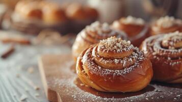 AI generated Simple yet inviting image of cinnamon buns, promising a cozy indulgence photo