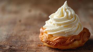 AI generated Minimalist photo capturing a single pastry topped with fluffy whipped cream