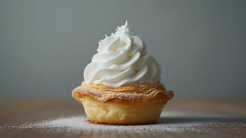 AI generated Minimalist photo capturing a single pastry topped with fluffy whipped cream