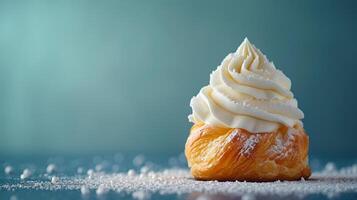 AI generated Minimalist photo capturing a single pastry topped with fluffy whipped cream