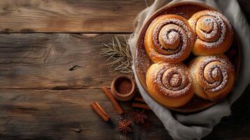 AI generated Simple yet inviting image of cinnamon buns, promising a cozy indulgence photo