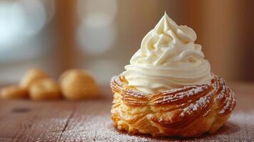 AI generated Simple yet captivating image featuring a pastry complemented by creamy whipped topping photo