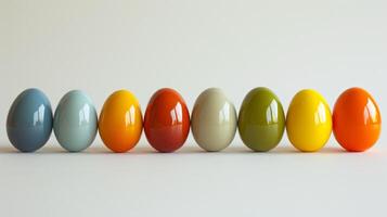 ai generado minimalista foto destacando vistoso Pascua de Resurrección huevos arreglado graciosamente en un blanco fondo