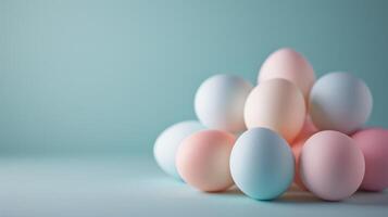 AI generated Simple photo featuring pastel-colored eggs arranged delicately on a clean background for greeting cards