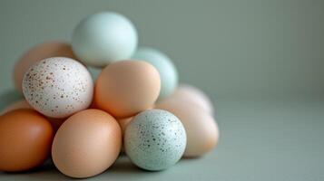 AI generated Simple photo featuring pastel-colored eggs arranged delicately on a clean background for greeting cards