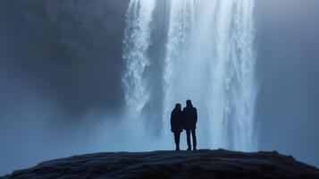 AI generated Minimalist shot depicting a romantic rendezvous with a stunning waterfall as the backdrop photo