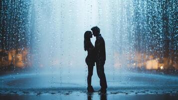 AI generated Minimalist capture portraying the deep connection between two lovers amidst a gentle shower photo