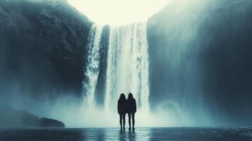 AI generated Minimalist shot depicting a romantic rendezvous with a stunning waterfall as the backdrop photo