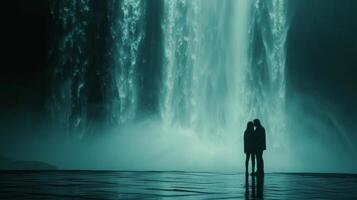 AI generated Minimalist shot depicting a romantic rendezvous with a stunning waterfall as the backdrop photo