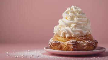 AI generated Minimalist shot highlighting the allure of a pastry topped with velvety whipped cream photo