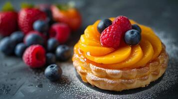 AI generated Simple yet captivating photo featuring a pastry complemented by an array of fresh fruits