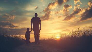 ai generado padre y hijo caminar mano en mano a través de un campo en contra el fondo de puesta de sol foto